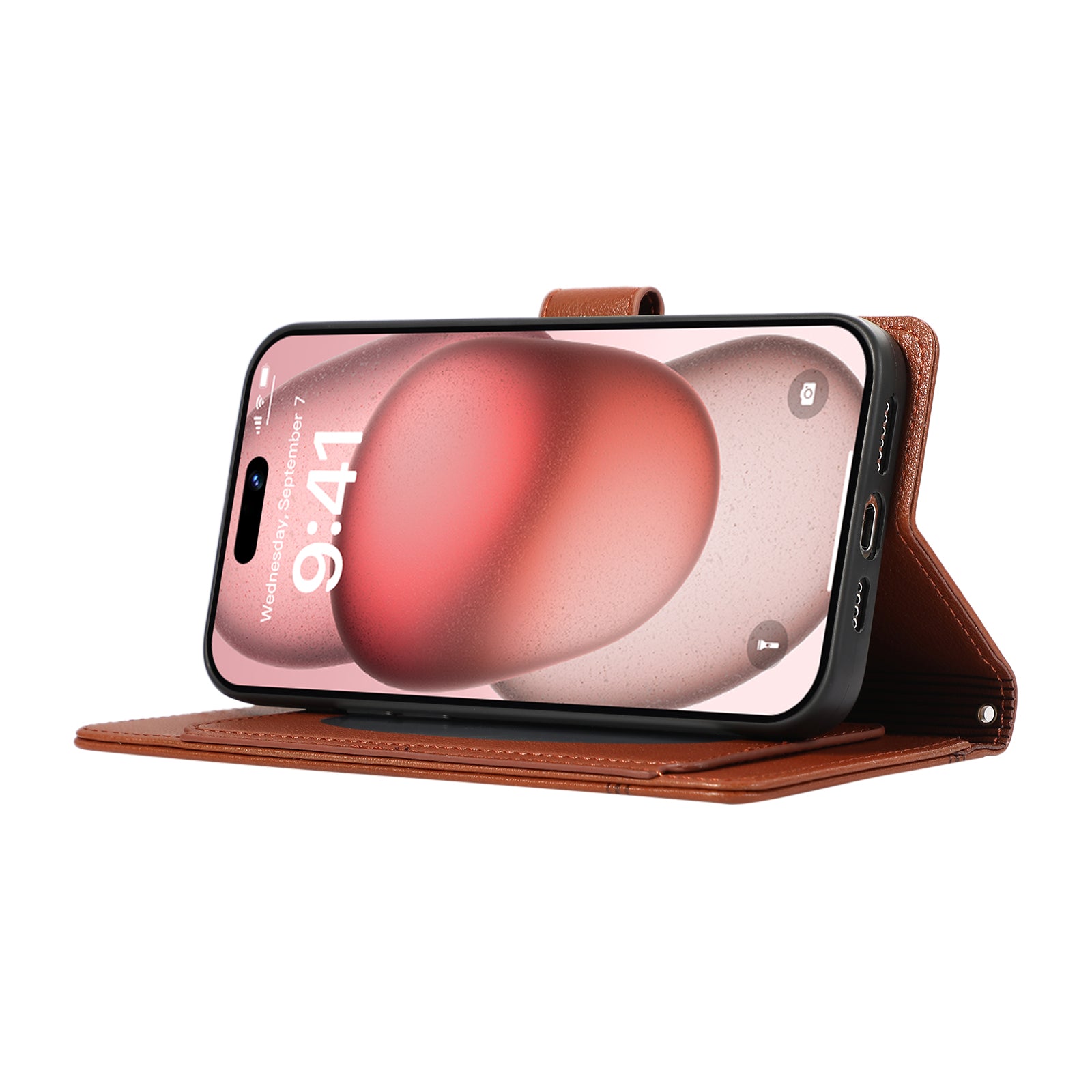 For iPhone 15 Pro Cell Phone Case Lines Imprinted PU Leather Cover with Mirror - Brown For iPhone 15 Pro Cell Phone Case Lines Imprinted PU Leather Cover with Mirror - Brown
